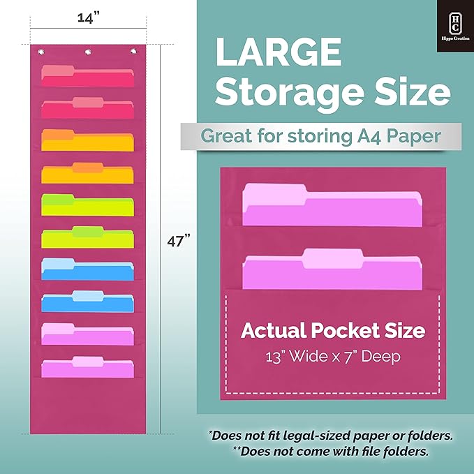 Hippo Creation Heavy Duty Storage Pocket Chart for Classroom, 10 Pocket Storage Organizer with 3 Over-Door Hangers, Hanging Wall Organizer for File Folders, School Mailbox, Home Office Papers - Pink