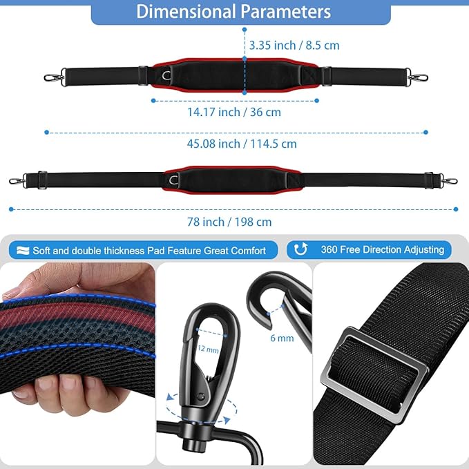 ZINZ Bag Shoulder Strap 78 inch with Ultra Cushion Breathable Pad, Durable Strap with Double Adjustable Buckles and Metal Hooks for D-ring Bags,Black Red
