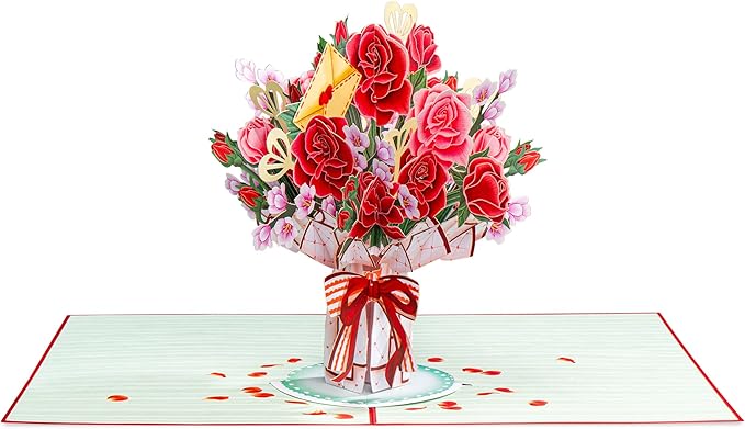 Paper Love 3D Lovely Bouquet Pop Up Flower Bouquet Card, With Detachable Popup Keepsake, Gift for Birthday, All Occasions - Oversized 10" x 7" Cover - Includes Envelope and Note Tag