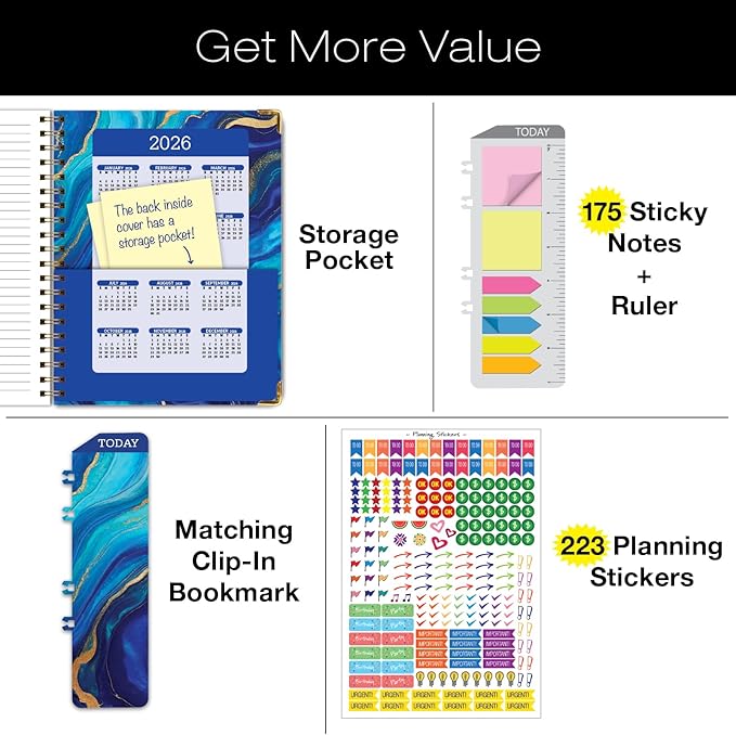 HARDCOVER 2025 Planner, 8.5"x11": 14 Months (November 2024 - December 2025), Daily Weekly Monthly Planner, Yearly Agenda, Bookmark, Pocket Folder and Sticky Note Set (Dark Blue Marble)