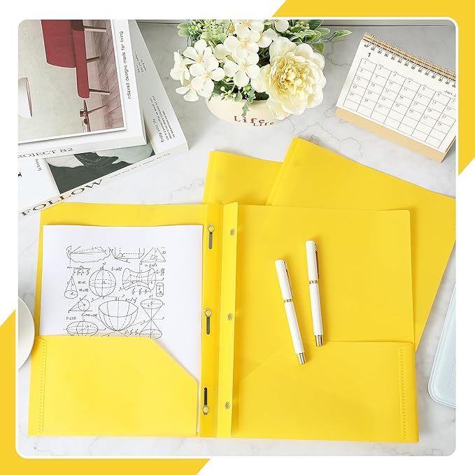 Yeaqee 60 Pcs Plastic Folders with Pockets and Prong Plastic Folders with 2 Pockets Pocket for Office, School for Students, Teachers, Office Workers (Yellow)