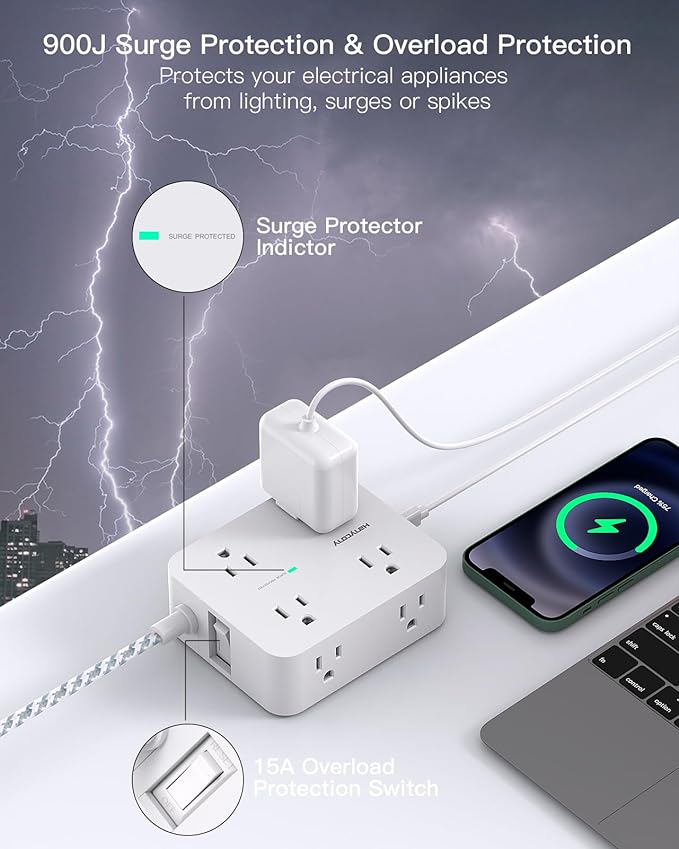 Surge Protector Power Strip 15 Ft Long Cord, Extension Cord 15 Feet with 8 Outlets 4 USB Ports(2 USB C), Flat Plug, Desk Charging Station for Home Office College Dorm Room Essentials