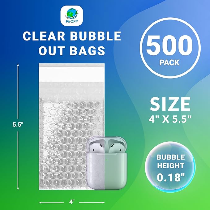 Clear Bubble Out Bags, 4 x 5.5 Inches. 500 Pack Self Seal Bubble Pouches. Polyethylene Clear Bubble Bags for Packing. Waterproof Clear Bubble Out Pouches for Fragile Things