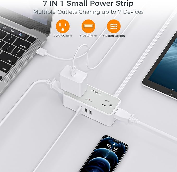 Ultra Thin Flat Plug Extension Cord 10 ft, TESSAN Surge Protector Power Strip with 4 Widely Space AC Outlets 3 USB Charging Ports, 900 Joules Protection for Home Office School Dorm Room