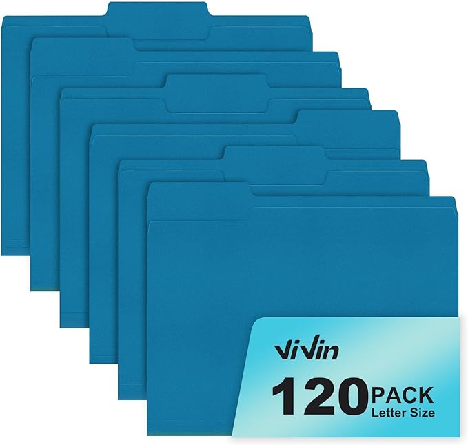 ViVin File Folders, Fits 8.5 x 11 Letter Size Paper, 1/3-Cut Tabs, 120 Pack Manilla Colored File Folders, Perfect for Home, Office, and School Documents File Paper(Blue)