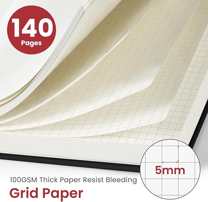 Taja Graph Spiral Journal Notebook for Women & Men, 140 Pages, Graph Paper Hardcover Notebook for Planning & Tracking, Journals for Graphing, A5(6"x8") - Black