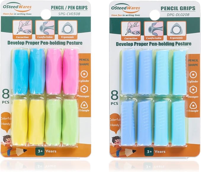 Silicone Pencil Grips with 3 Concaves 8 Pcs and Baseball-Bat 8 Pcs for Kids and Adults Handwriting, 2 Packs