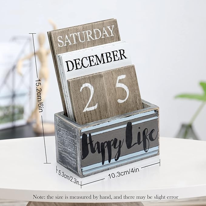 Notakia Perpetual Calendar Wooden Calendar Blocks Vintage Wood Block Calendar for Home Office Desk Accessories Week Month Date Display (Happy Life)