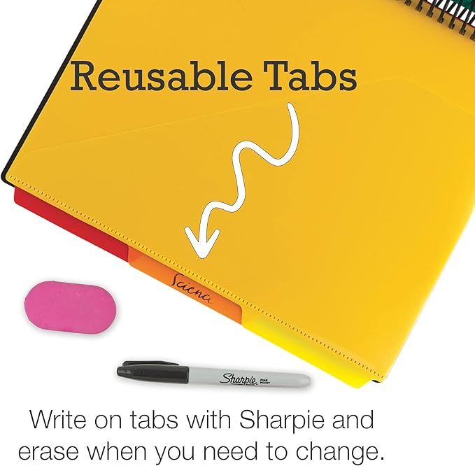 Samsill Deluxe 24 Pocket Spiral Project Organizer with Refillable Notepad Holder, Customizable Front Cover, 12 Dividers with Erasable Write-On Tabs in Assorted Colors, Plastic Folders with Pockets