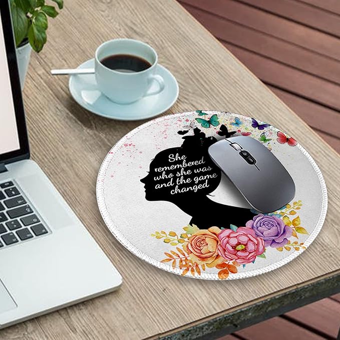 Gctriki Round Mouse Pad, Cute Butterfly Flower Mousepad for Laptop Gaming Women, with Stitched Edge Non-Slip Rubber Base, Feminist Inspirational Quote Mouse Pad, Home Office Decor Desk Accessories