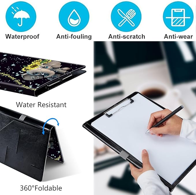 PU Leather Padfolio Clipboard Notepad with Pen Loop and Elastic Strap Interview/Resume Document Organizer for Business School Office,Elephant Sunflower