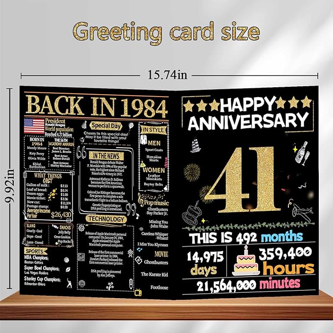 Joycard 41st Anniversary Card for Women Men, Gold Wedding Card for Wife Husband, Sweet Marriage Decorations Gifts for Couple, Perfect for Her Him on Anniversary Day, Back in 1984