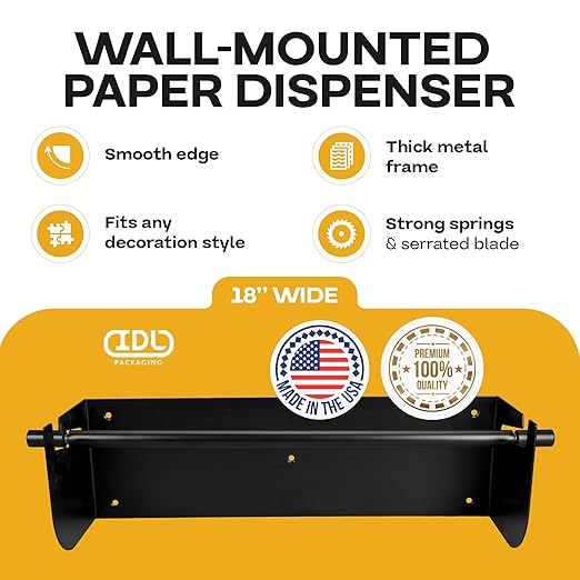 IDL Packaging 18" Wall Mounted Kraft Paper Roll Dispenser & Cutter for Rolls up to 18" Wide and 9" in Diameter - Durable Paper Holder with a Serrated Blade - Wall Mount Set Included