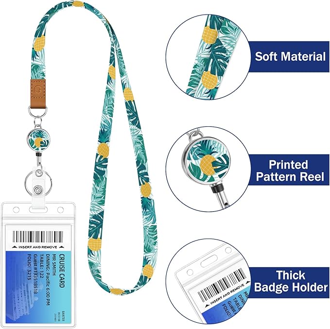 Giancomics Lanyards for Cruise Ships Cards Key, Tropical Leaves Lanyards with Retractable Badge Reel, Cute Waterproof ID Badge Holder Cruise Essentials Must Haves Card Protector 2 Pack