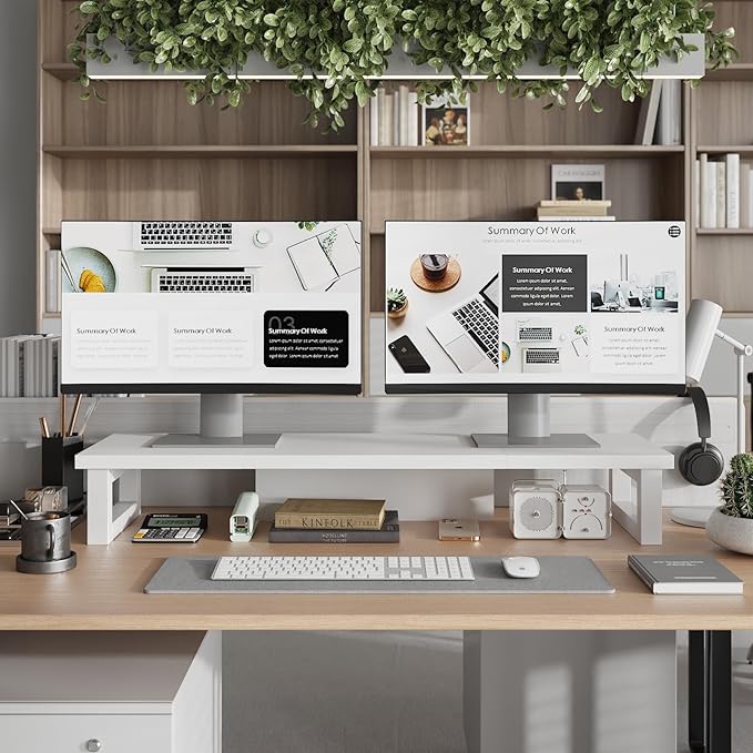 WESTREE Dual Monitor Stand Riser, Wood and Steel Monitor Stand Riser, Computer Monitor Stand for 2 Monitors, Multi-Purpose Desktop Storage Stand for Computer,Laptop,Printer,TV