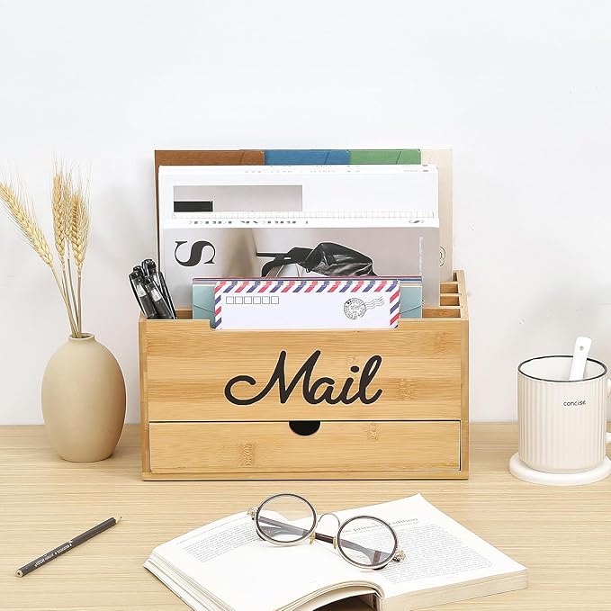 Qozary Mail Organizer Countertop - Adjustable Compartment Mail Letter Holder with Drawer, Bamboo Mail Sorter for Desk, Desktop File Organizer Holder, Desk Accessories Organizer for Home Office