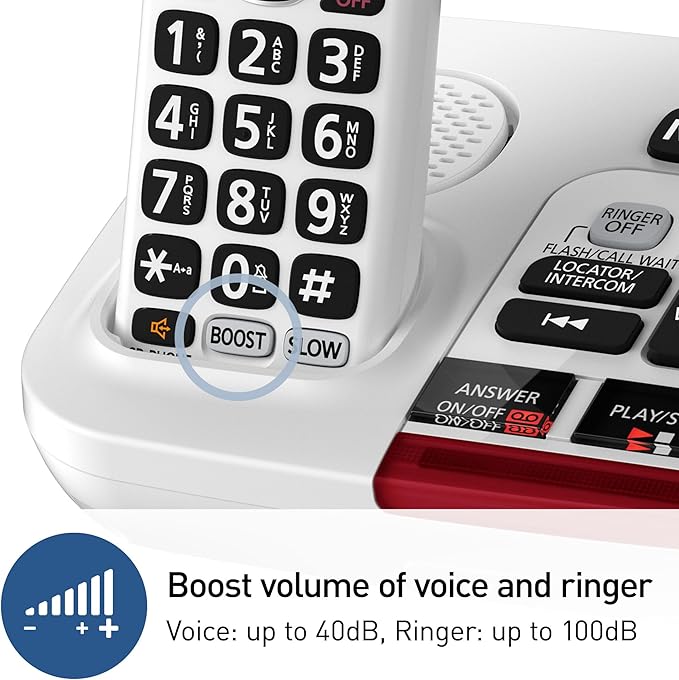 Panasonic Amplified Cordless Phone with Slow Talk, 40dB Volume Boost, 100dB Loud Visual Ringer, Hearing Aid Compatibility, Large Screen and Backlit Keypad - KX-TGM420W - 1 Handset (White)