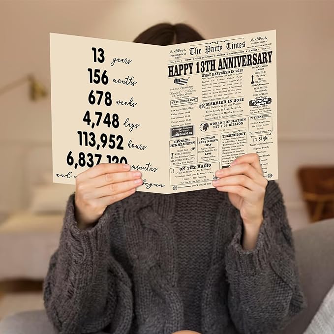 YiKaLus Big 13th Anniversary Card Gift for Him Her, Retro 13 Year Wedding Anniversary Decoration for Husband Wife, Aday Gifts for Women Men