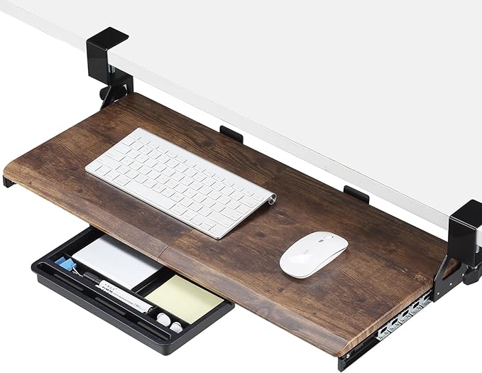 ETHU Keyboard Tray Under Desk, 26.77" X 11.81" Large Size Keyboard Tray with C Clamp-on Mount Easy to Install, Computer Keyboard Stand, Ergonomic Keyboard Tray for Home and Office (Wood)