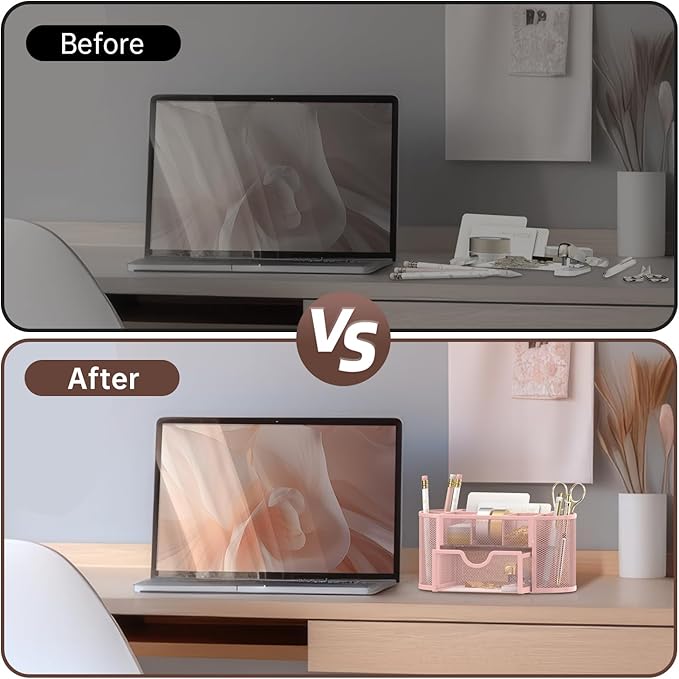 SUPEASY Mesh Desk Organizer, Desk Accessories & Workspace Organizers with Drawers, Pencil Holder for Desk with 9 Compartments for Office Suppliess, 8.6 x 4.3 x 4.1 Inch, Pink