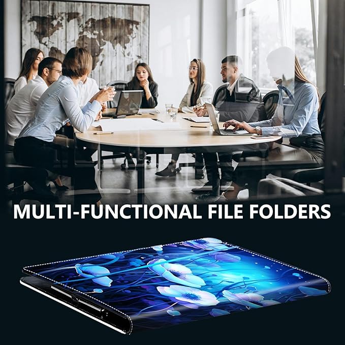 PU Leather Padfolio Clipboard Notepad with Pen Loop and Elastic Strap Interview/Resume Document Organizer for Business School Office,Blue Flowers