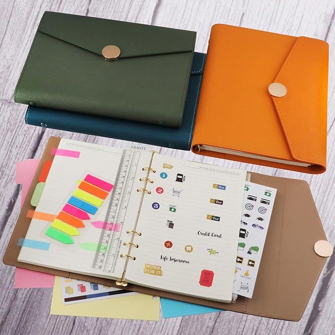 HXRTANGS PU Leather Notebook Binder Set A5, Refillable Writing Journal Planner Organizer with Paper Refills, Index Flags, Subject Dividers, Budget Stickers, Zipper Pocket and Bookmark Ruler, Khaki