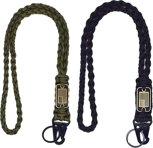 2 Pcs Heavy Duty Braided Paracord Lanyard Keychain with USA Flag, Parachute Rope Necklace Keychains, Braided Strong Lanyard with Metal HK Clip Key Ring for Outdoor Activities, Camera, Traveling