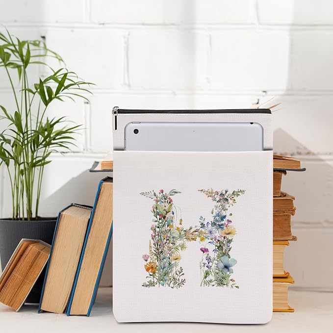 Monogrammed Book Sleeve Floral H Initial Book Pouch Book Accessories Book Lovers Gifts Waterproof Book Cover Book Protector Bookish Gifts Personalized Gifts for Women Girls Readers Bride Aunt