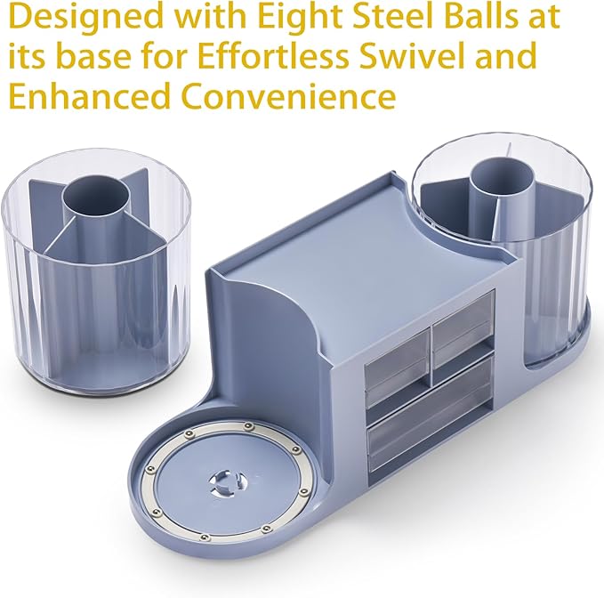 Rotating Desk Organizer with 2 Pen Holder, Desk Organizers and Accessories with 10 Slots Pencil Holder for Desk + 3 Drawer, Art Supply Storage Box Caddy for Office School Home (Blue)