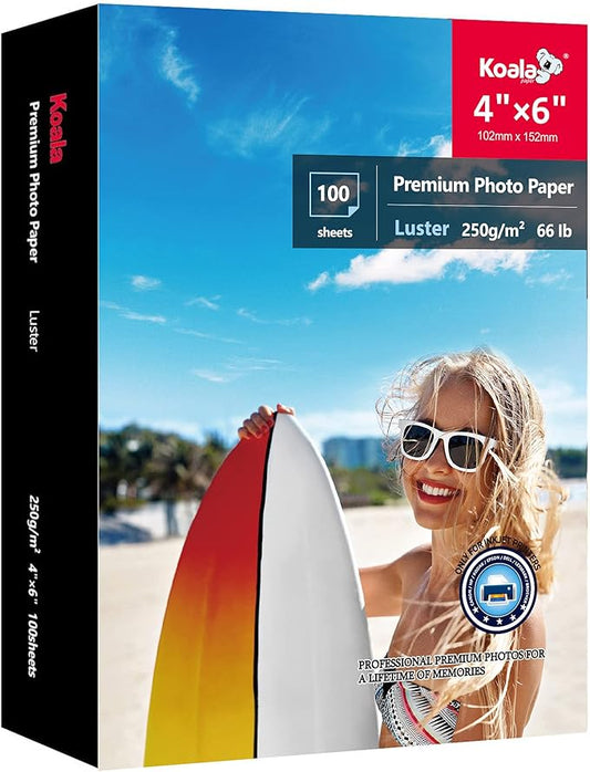 Koala Premium Photo Paper 4x6 Inch Luster Finish, Soft Gloss 66lb Water-resistant, for Inkjet Printer 100 Sheets