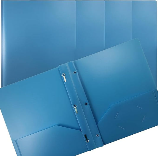 Better Office Products Light Blue Plastic 2 Pocket Folders with Prongs, 24 Pack, Heavyweight, Letter Size Poly Folders with 3 Metal Prongs Fastener Clips, Light Blue