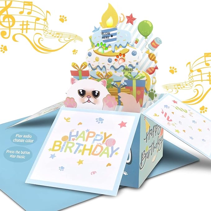 3D Pop Up Persian Cat Birthday Card, Fun Birthday Card for Women, Press the Power Button to Play 'Happy Birthday' Song