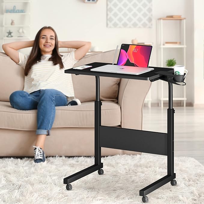 Klvied Standing Desk Adjustable Height, Stand Up Desk with Cup Holder, Portable Laptop Desk, Mobile, Small Computer Desk, Bedside Table, Black Rolling Desk, Work Desk for Home Office