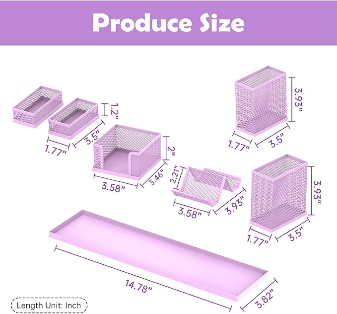 SUPEASY Pen Holder for Desk, 6 Piece Mesh Desk Organizer set, Desk Accessories for Office Organization with Mail Organizer, Letter Phone Holder, Sticky Notes Caddy Storage, Purple