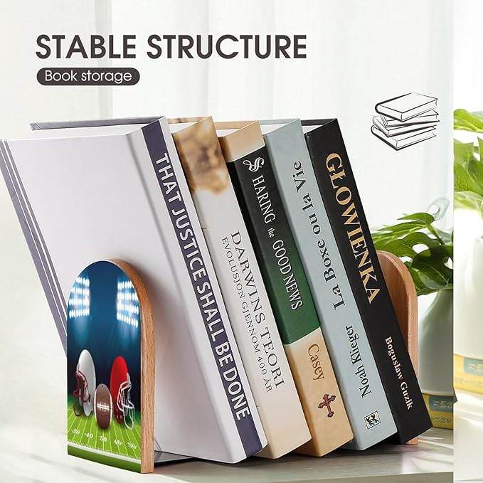 2 Pack Wood Bookends, Sport Ball Football Helmet Non-Skid Book Ends for Heave Books, Decorative Bookends for Shelves Desk, Book Stoppers Book Holders for Home Office Library School