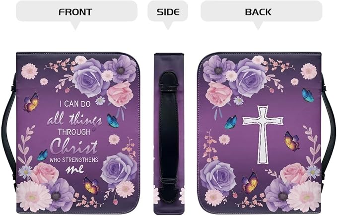 Lotusorchid Flower Butterfly Bible Bags for Women, Portable Bible Cover Bags for Girls, Christian Bible Study Accessories,I Can Do All Things Through Christ Who Strengthens Me Bible Verse, M