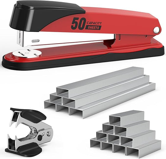 Metal Stapler Heavy Duty 50 Sheet Capacity with 1750 Staples and Staple Remover, Red Stapler Full Strip Staplers for Desk, No Jam, Non-Slip Office Stapler with Staples for Office & Classroom, Red