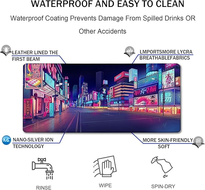 Japanese City Big Desk Mat Large Office Desk Pad, Durable Extended Mouse Mat, 35.4"x15.7" Computer Mousepad with Non-Slip Rubber Base & Stitched Edge for Home Office Gaming Work