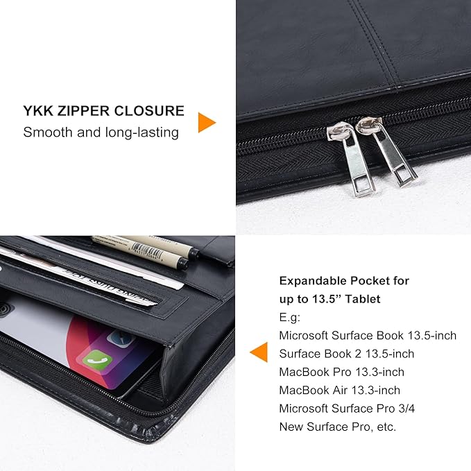 AZXCG Portfolio Binder, Leather Portfolio for Men, Padfolio for Women,Leather Folder, Portfolio Notebook, Gift for Women and Men, Black