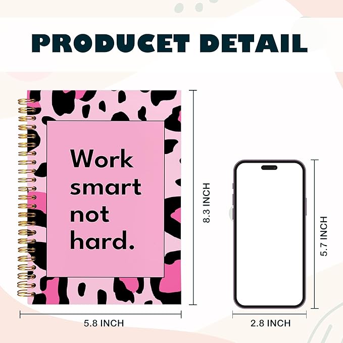 BearCake Hot Pink Leopard Preppy Notebook, Leopard Print Gifts for Women, Preppy Journal, Work Smart not Hard Hardcover Spiral Notebook 5.5x8.3, Leopard Print Office Supplies
