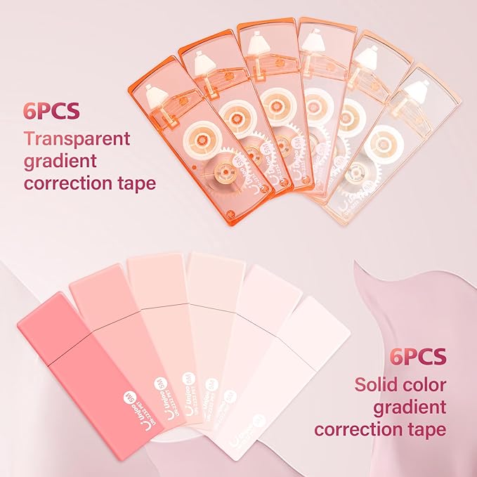 White Correction Tape, Easy To Use Cute Applicator for Instant Corrections, For school, Office Workers (Gradient Pink, 5M/196" x 0.2",12pack)