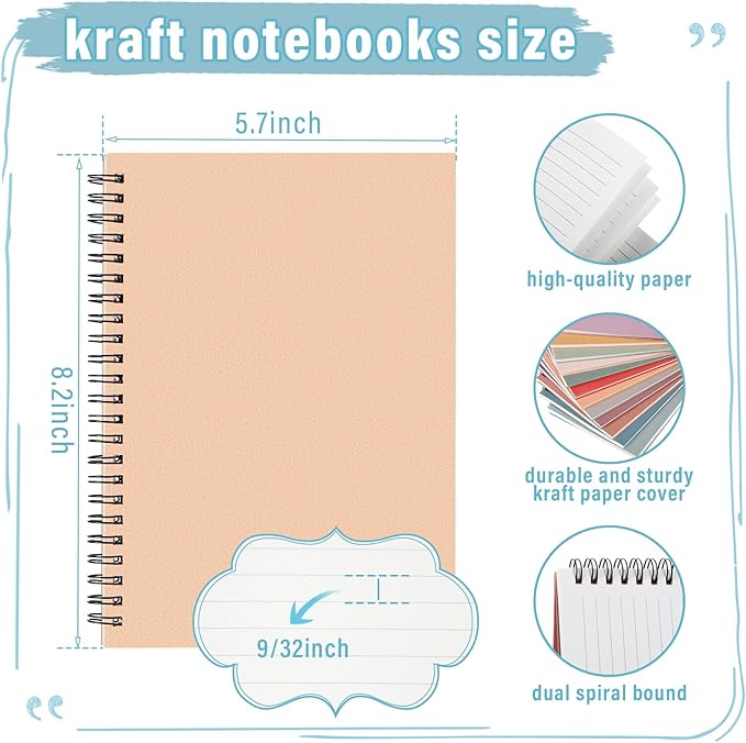 Fuutreo 24 Pcs Spiral Notebook for Work A5 8.3 x 5.7 Inch College Ruled Spiral Journal Notebook Kraft Cover, 12 Color, 60 Sheets, 120 Pages for Office School Supplies(Vintage Color)