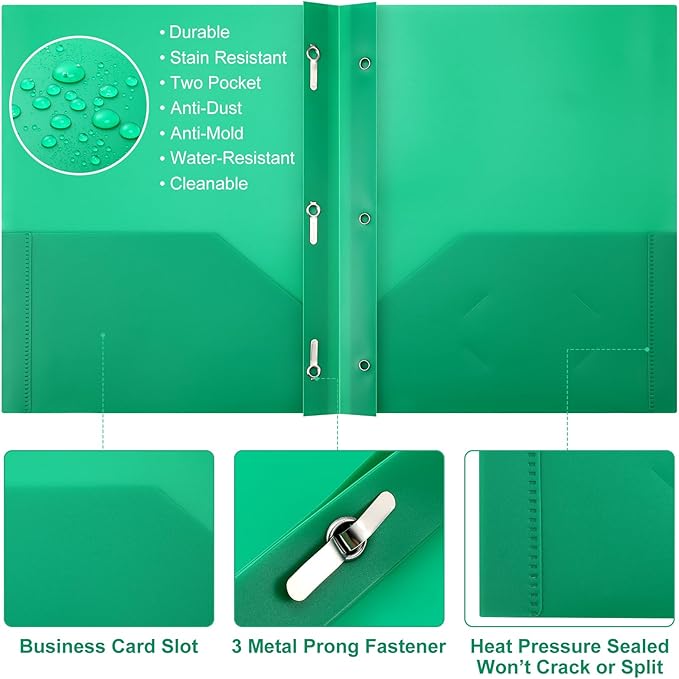 Cholemy 36 Pcs Plastic Pocket Folders with Prong 2 Heavy Duty Pockets Folders with 3 Prongs Letter Size Paper Folders Bulk File Plastic Folders with Fasteners for Office Workers (Green)