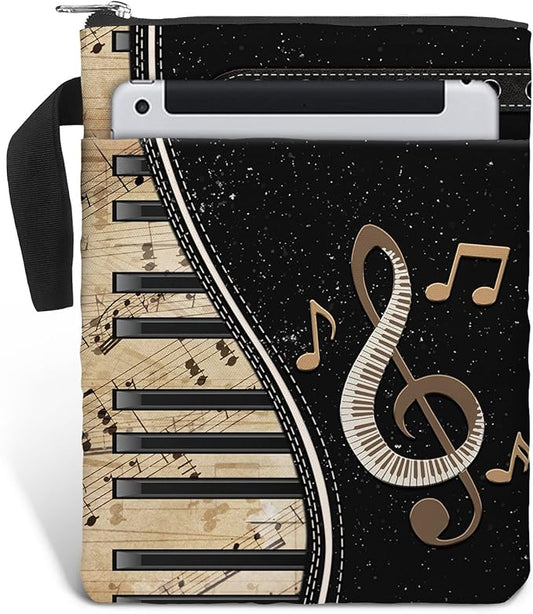 Vintage Music Sheet Book Sleeve with Zipper and Front Pocket. Padded Protector Pouch Gift for Music Teacher, Piano Player and Book Lover. Washable Inch Bag