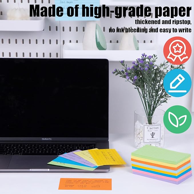 Koogel Colored Index Cards 3x5, 300 Count, Ruled Lined both Side, 8 Assorted Colors, Flash Cards for Studying, Heavy Note Cards for Office, Home and School