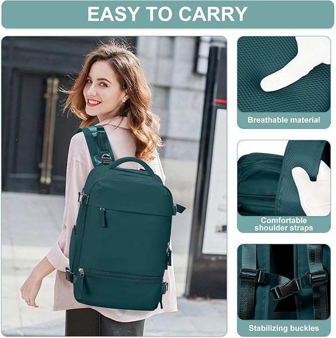 Travel Backpack Simple Durable Carry On Backpack with Shoe Compartment, Personal Item Travel Bag Flight Approved, Water Resistant Laptop Backpack for Women Men Weekender Business, Peacock Blue