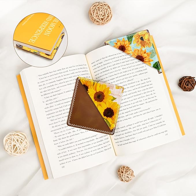 3 Pieces Leather Bookmarks, Personalized & Cute Book Accessories for Reading Lovers, Page Markers for Women Men Girls Boys Student Teacher Kids Retirement Birthday Gifts (Sunflower Envelope)