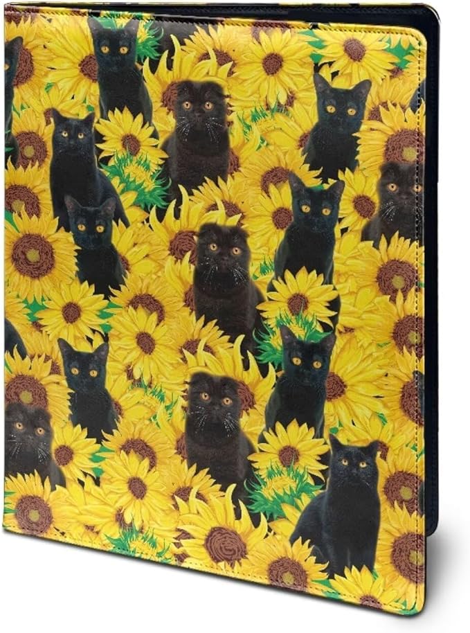 Black Cat Sunflower Portfolio Folder Leather Padfolio with A4 Size Clipboard Clip for Business Resume Interview Document Sleeve Binder Folder for Men/Women