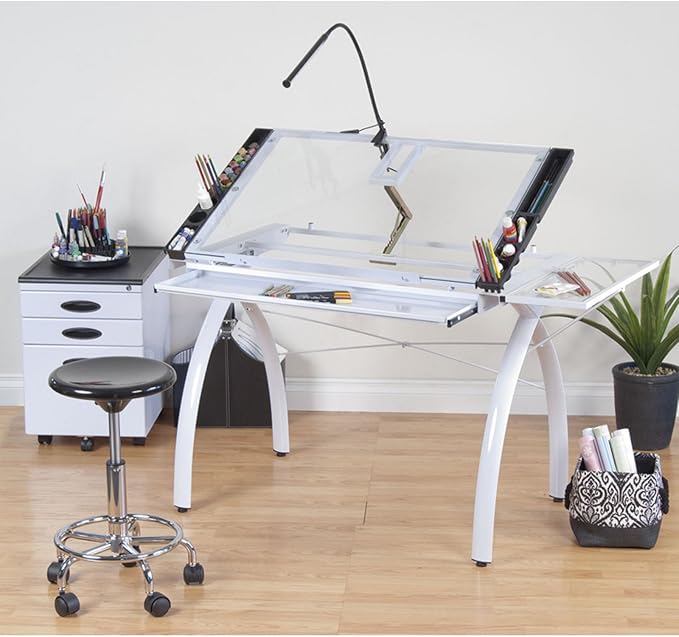 SD Studio Designs 10096 Futura Station with Folding Shelf Top Adjustable Drafting Craft Drawing Hobby Table Writing Studio Desk with Drawer, 35.5'' W x 23.75'' D, White/Clear Glass