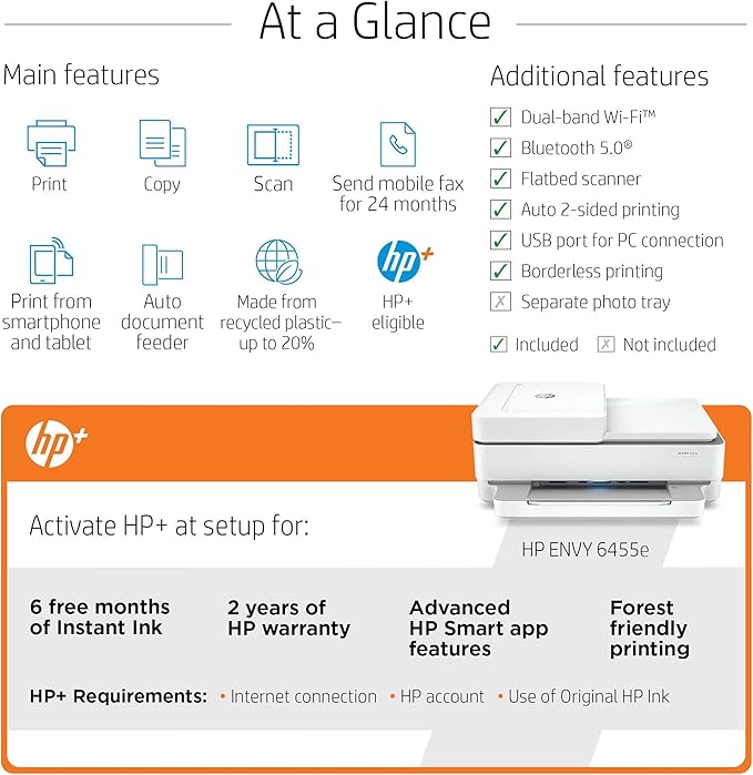 HP ENVY 6455e Two Sided Inkjet Printer All in One Wireless Printer Copy Scanners 10ppm Black 7ppm Color Smartphone Tablet Compatible Computer Wireless Printers for Home Use Office 223R1A (Renewed)